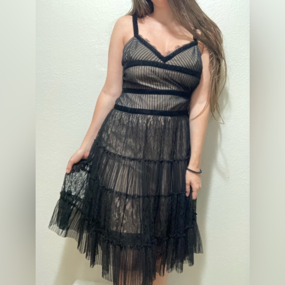 Vintage Black Sheer Lace Midi Dress Whimsigoth Gothic 90s BCBGMaxAzria 10